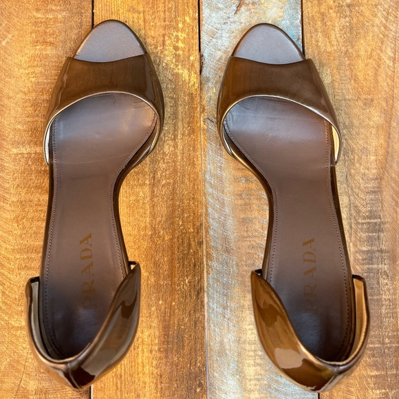Prada Vero Cuoio Patent Brown Bronze Open Toe High Heels - Picture 10 of 16